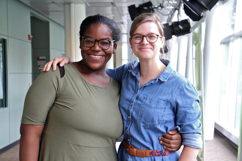 2018 05 31-e lee-ayanna mcnair bridget biddle-whyy-maternity care coalition Ayanna McNair (left) and Bridget Biddle stop by WHYY to tell their story. McNair is a formerly incarcerated single mother who recently got a licence to start a food truck business. Biddle is an advocate with the Maternity Care Coalition, which helped McNair. (Emma Lee/WHYY)