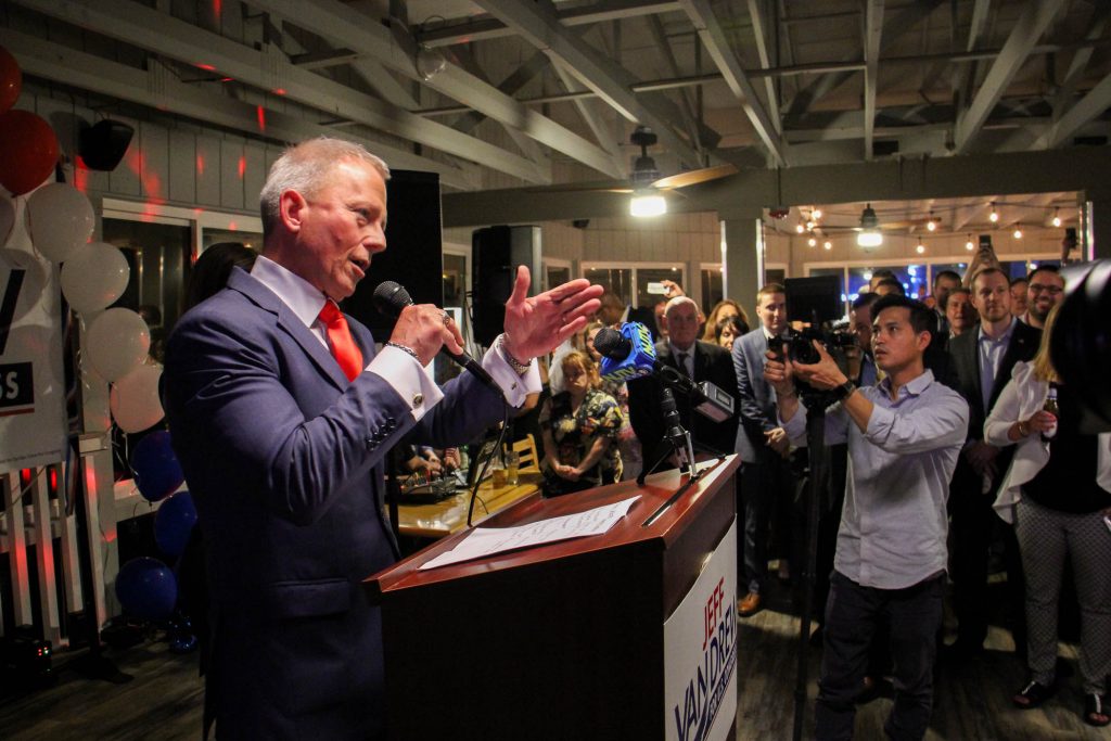 2018 06 05-e lee-jeff van drew-sea isle city-democratic congressional primary nj2 New Jersey state Sen. Jeff Van Drew addresses the crowd at the Lobster Loft in Sea Isle City after winning the Democratic nomination to run for the congressional seat vacated by Republican Frank LoBiondo. (Emma Lee/WHYY)