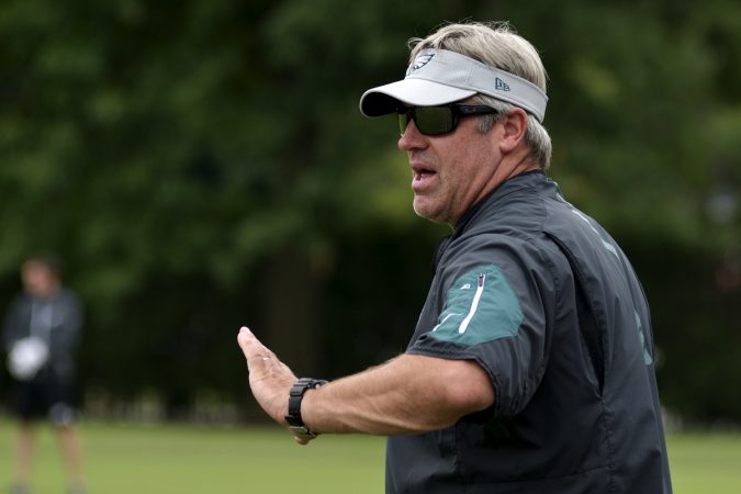 Philadelphia Eagles Head Coach Doug Pedersen and team members attend practice at the NovaCare Complex in South Philadelphia a day after the canceled invite to the Super Bowl Championship celebration at the White House. (Bastiaan Slabbers for WHYY)