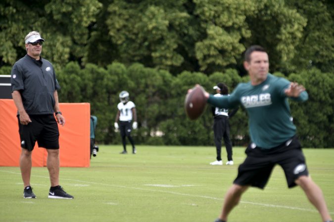 Philadelphia Eagles Head Coach Doug Pedersen and team members attend practice at the NovaCare Complex in South Philadelphia a day after the canceled invite to the Super Bowl Championship celebration at the White House. (Bastiaan Slabbers for WHYY)