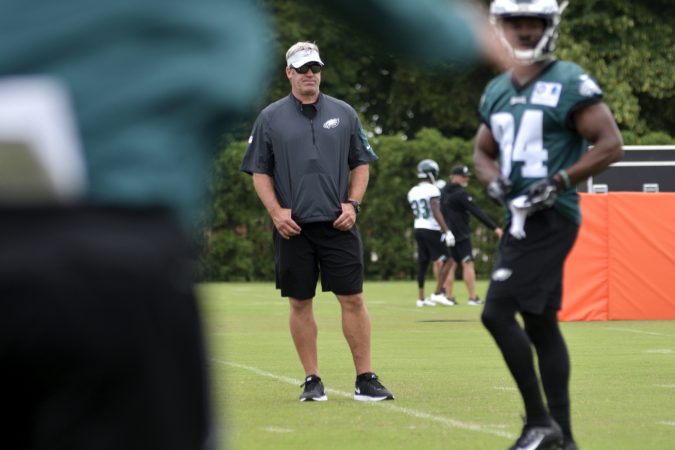 Philadelphia Eagles Head Coach Doug Pedersen and team members attend practice at the NovaCare Complex in South Philadelphia a day after the canceled invite to the Super Bowl Championship celebration at the White House. (Bastiaan Slabbers for WHYY)