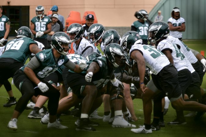 Philadelphia Eagles team members attend practice at the NovaCare Complex in South Philadelphia a day after the canceled invite to the Super Bowl Championship celebration at the White House. (Bastiaan Slabbers for WHYY)