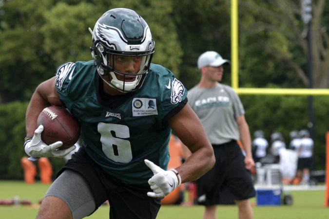 Philadelphia Eagles Rookie Wide Receiver Anthony Mahoungou, of France, attends practice at the NovaCare Complex in South Philadelphia a day after the canceled invite to the Super Bowl Championship celebration at the White House. (Bastiaan Slabbers for WHYY)