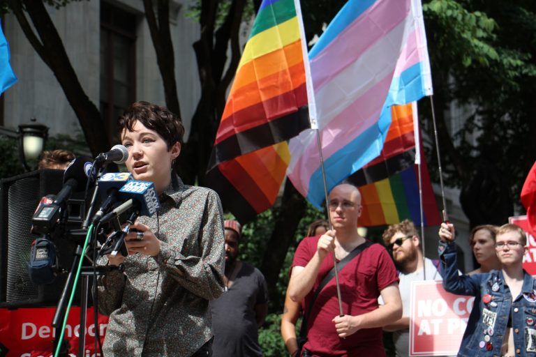 Maddie Rose of Philly Socialists calls for the release of a trans woman who was arrested after attempting to burn a Blue Lives Matter flag at the Philly Pride Parade. Protesters gathered outside City Hall.
