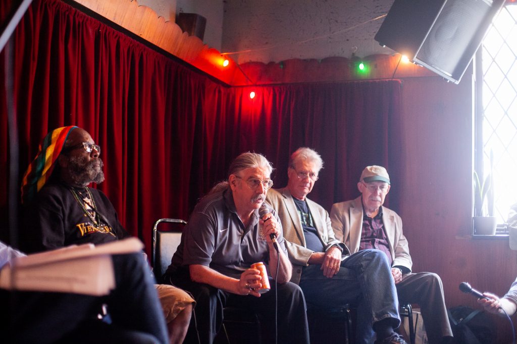 2018 06 24- b larrison- center city philadelphia fergie’s pub- vietnam war veterans read poetry from newly released collection 08 W.D. Ehrhart makes introductions at an event at Fergies's Pub in Center City to celebrate a recently released book of poetry by Vietnam veterans. (Brad Larrison for WHYY)