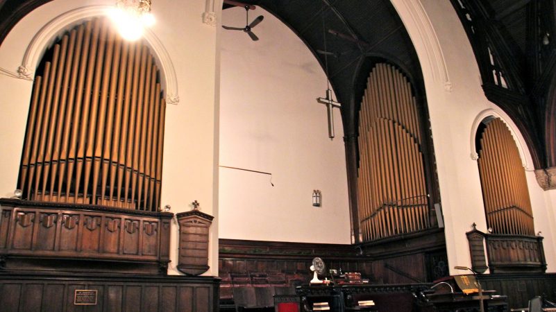 On special days, a pipe organ fills the sanctuary with music at Wharton-Wesley United Methodist Church, but for regular Sunday services, members meet in a smaller chapel which is more easily heated and cooled. (Emma Lee/WHYY)