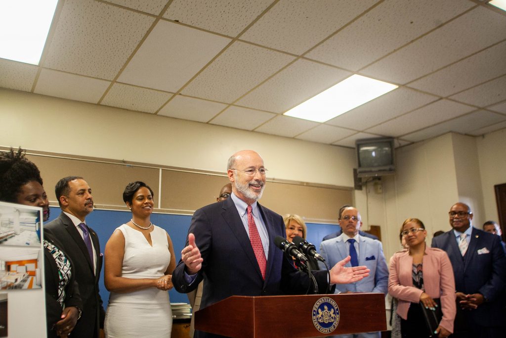 Governor Tom Wolf speaks at an event at Roosevelt Elementary School in Philadelphia Friday. (Brad Larrison for WHYY)