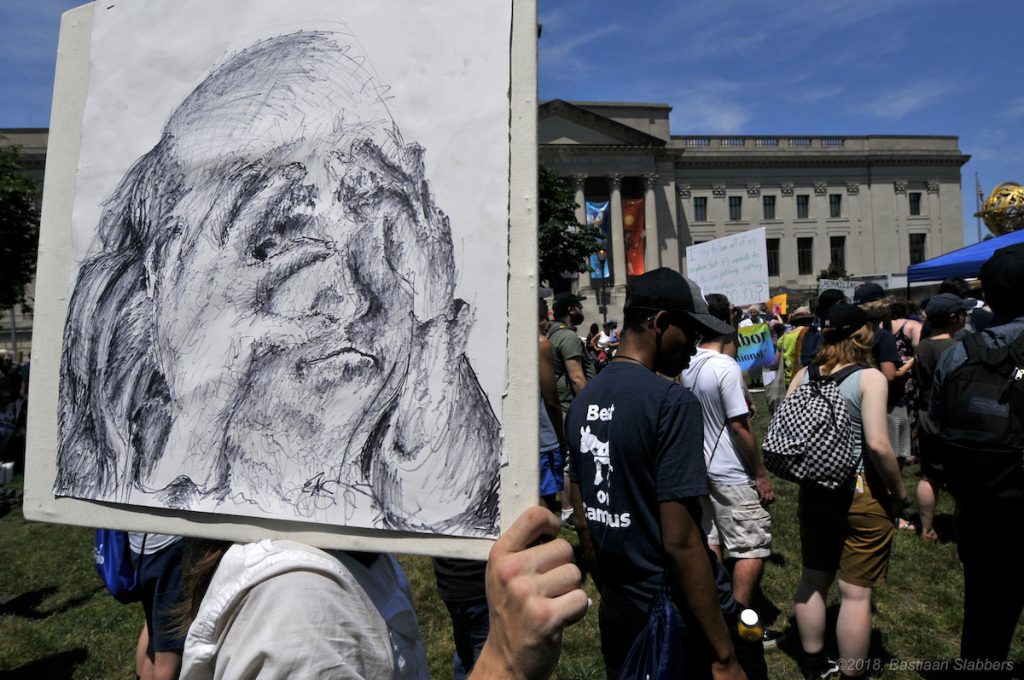 2018 06 30_04__BS21891 – – End Family Detention Rally – Philadelphia – — 20180630___©2018_ Ian Connito said drew this sign depicting a Benjamin Franklin feeling ashamed in an hour. Thousands came out to a protest immigrant family detention Saturday in Philadelphia. (Bastiaan Slabbers for WHYY)