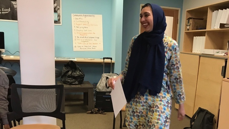 Sahar Pirzada, program and outreach manager for HEART, leads a workshop at Peace Over Violence in downtown Los Angeles. Sahar Pirzada, program and outreach manager for HEART, leads a workshop at Peace Over Violence in downtown Los Angeles.
(Josie Huang/KPCC)