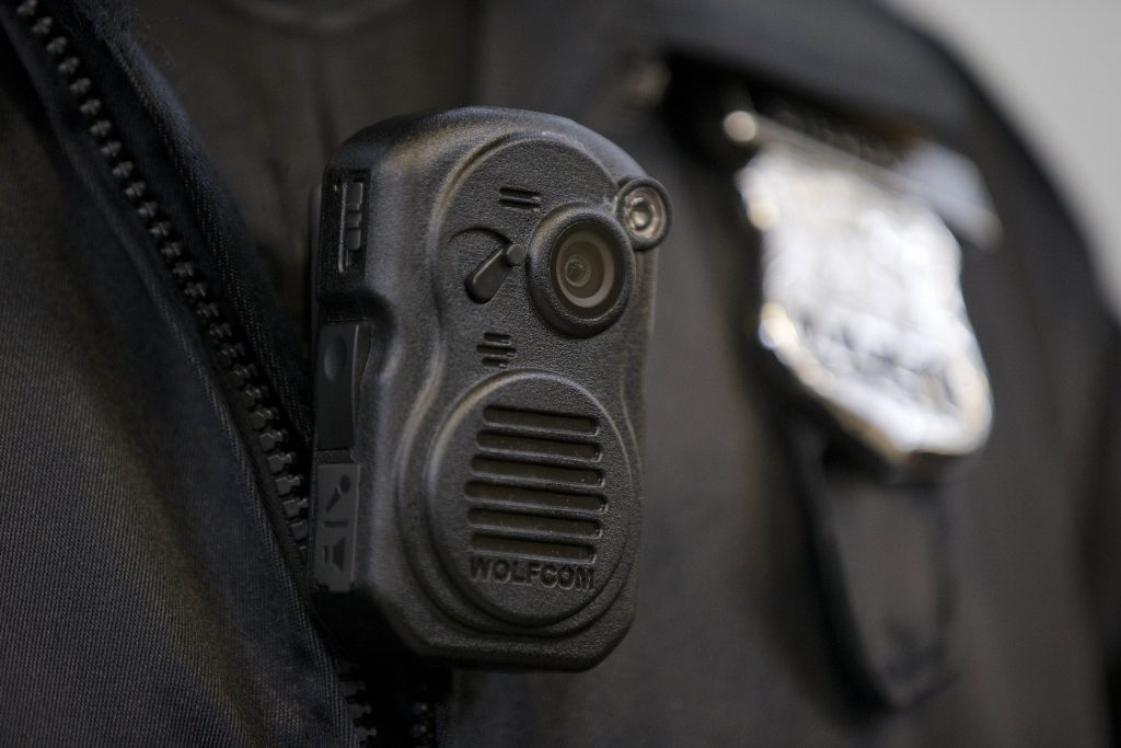 APTOPIX Philadelphia Police Body Cameras In this file photo, a Philadelphia Police officer demonstrates a body-worn camera used as part of a pilot project in December 2014, in Philadelphia. (Matt Rourke/AP Photo)