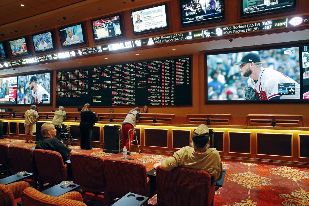 Sports Betting Integrity Fees Like these gamblers in the South Point hotel and casino in Las Vegas, bettors in New Jersey will be able to wager on sporting events beginning this week. (John Locher/AP Photo, file)