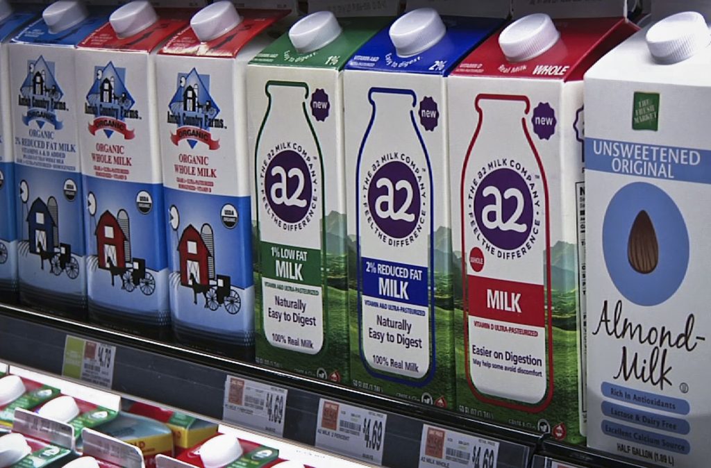 US Alternative Milk In this Friday, May 18, 2018 photo, A2 milk is displayed on the shelf at The Fresh Market in Latham, N.Y. So-called A2 milk is showing up on more supermarket shelves. (Michael Hill/AP Photo)