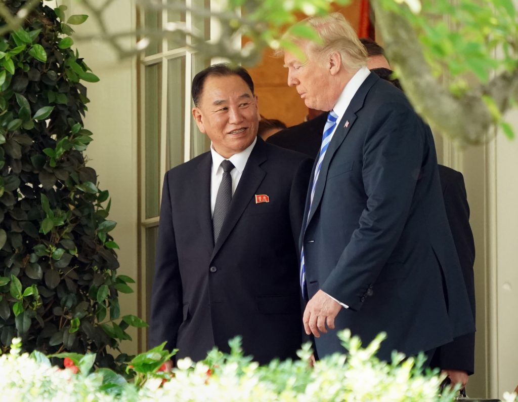 Trump US North Korea President Donald Trump talks with Kim Yong Chol, left, former North Korean military intelligence chief and one of leader Kim Jong Un's closest aides, as they walk from the Oval Office at the White House in Washington, Friday, June 1, 2018. (Andrew Harnik/AP Photo)