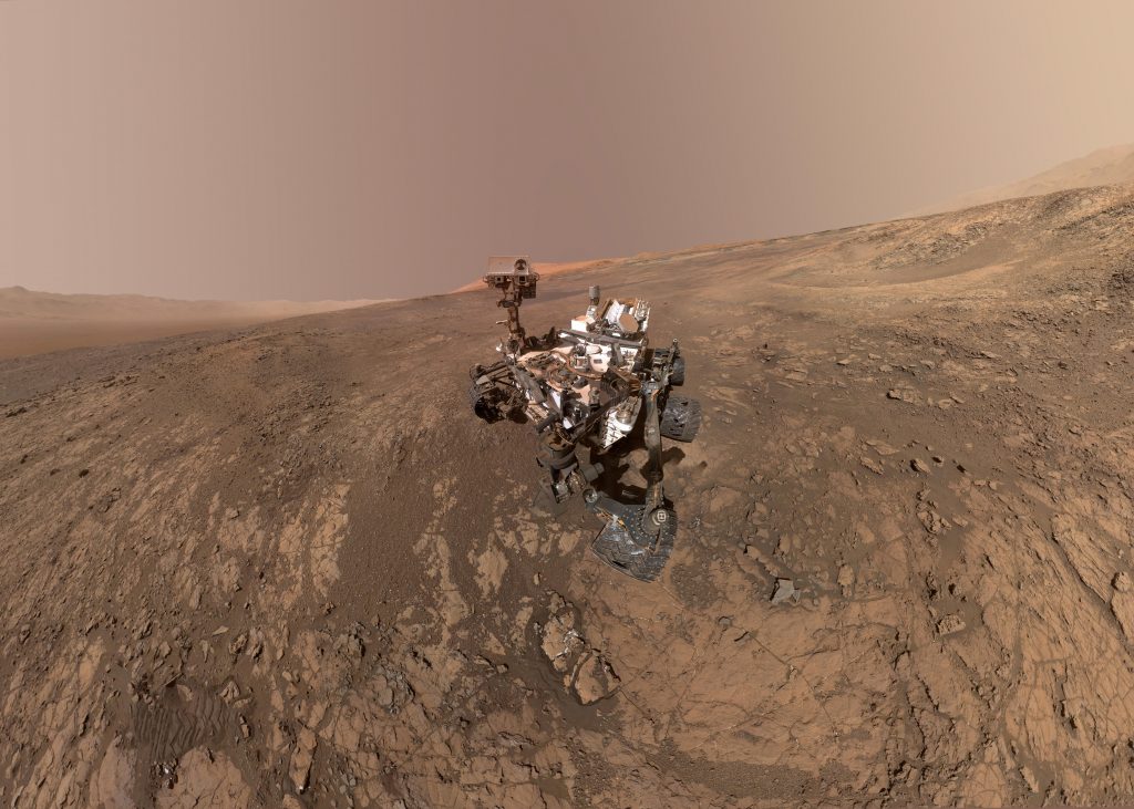 Space Mars Life This composite image made from a series of Jan. 23, 2018 photos shows a self-portrait of NASA's Curiosity Mars rover on Vera Rubin Ridge. On Thursday, June 7, 2018, scientists said the rover found potential building blocks of life in an ancient lakebed and confirmed seasonal increases in atmospheric methane. The rover's arm which held the camera was positioned out of each of the dozens of shots which make up the mosaic. (NASA/JPL-Caltech/MSSS via AP)