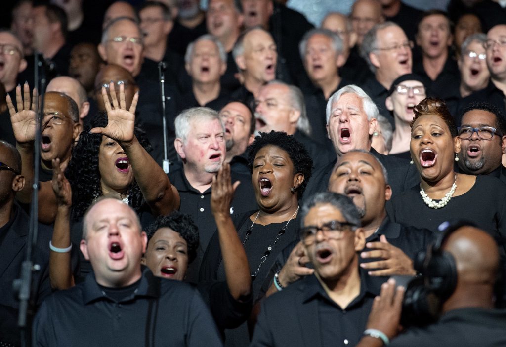 Southern Baptists Choir members sing worship songs during the Southern Baptist Convention's annual meeting on Tuesday, June 12, 2018, at the Kay Bailey Hutchison Convention Center in Dallas. (Jeffrey McWhorter/AP Photo)