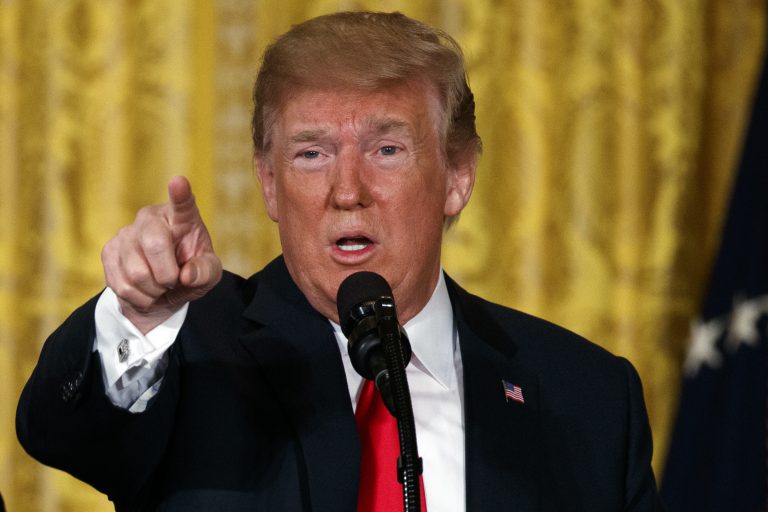 FILE - In this Monday, June 18, 2018, file photo President Donald Trump speaks during a meeting of the National Space Council in the East Room of the White House in Washington. Trump will be in Las Vegas on Saturday, June 23, 2018, to headline the Nevada Republican Party's annual convention and appear at a fundraiser with Nevada Republican Sen. Dean Heller, Nevada officials confirmed Monday, June 18. (AP Photo/Evan Vucci, File)