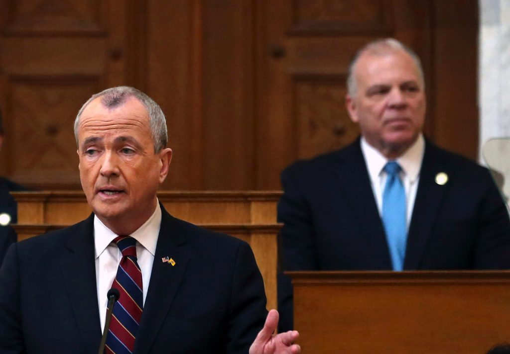 Phil Murphy,Craig J. Coughlin,Steve Sweeney Senate President Steve Sweeney, (right), D-Gloucester, listens as New Jersey Gov. Phil Murphy speaks in the Assembly chamber of the Statehouse in Trenton. (Mel Evans/AP Photo, File)