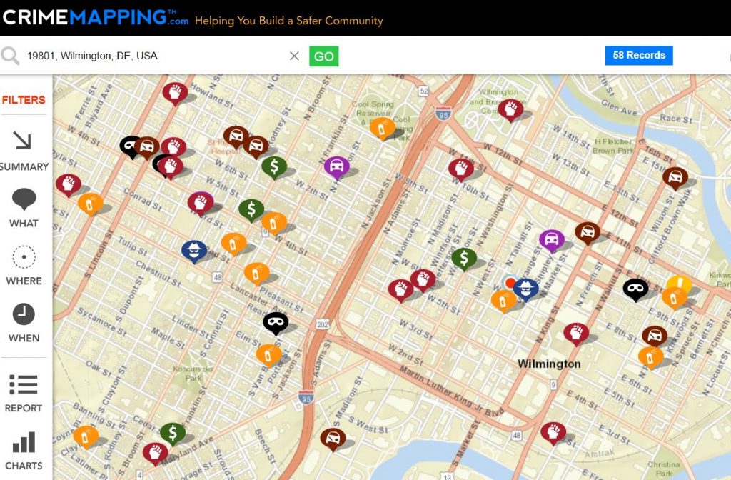 Crimemapper This screen capture from the CrimeMapping website shows recent incidents of crime in Wilmington. (CrimeMapping.com)
