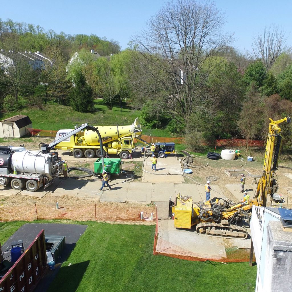 DJI_0056_lisa_drive_cropped-1920×1920 Mariner East 2 pipeline construction crews work in the backyards of homes on Lisa Drive in West Whiteland Township, Chester County, on May 2. Sinkholes that opened in the area prompted the state's Public Utility Commission to order that an existing pipeline nearby, the Mariner East 1, be shut down until it could be determined that the sinkholes didn't threaten its safety. PUC on May 3 approved a re-start of Mariner East 1. (Marie Cusick/WITF)