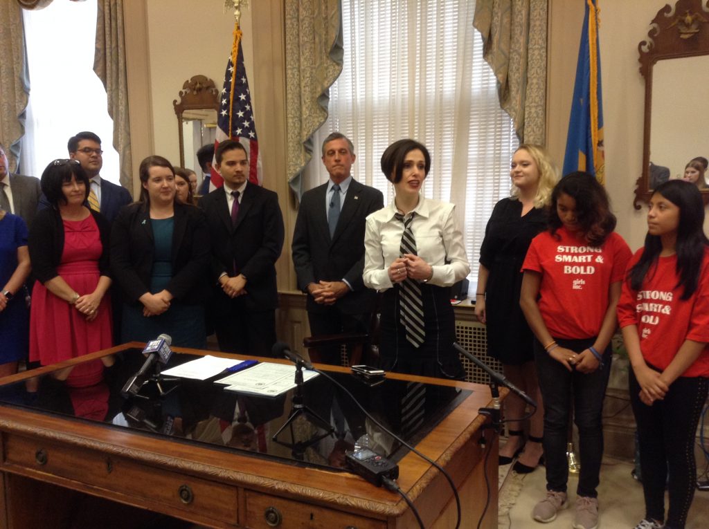 IMG_0619 Activist Fraidy Reiss shows her support of Delaware's ban on child marriages. (WHYY/Zoe Read)