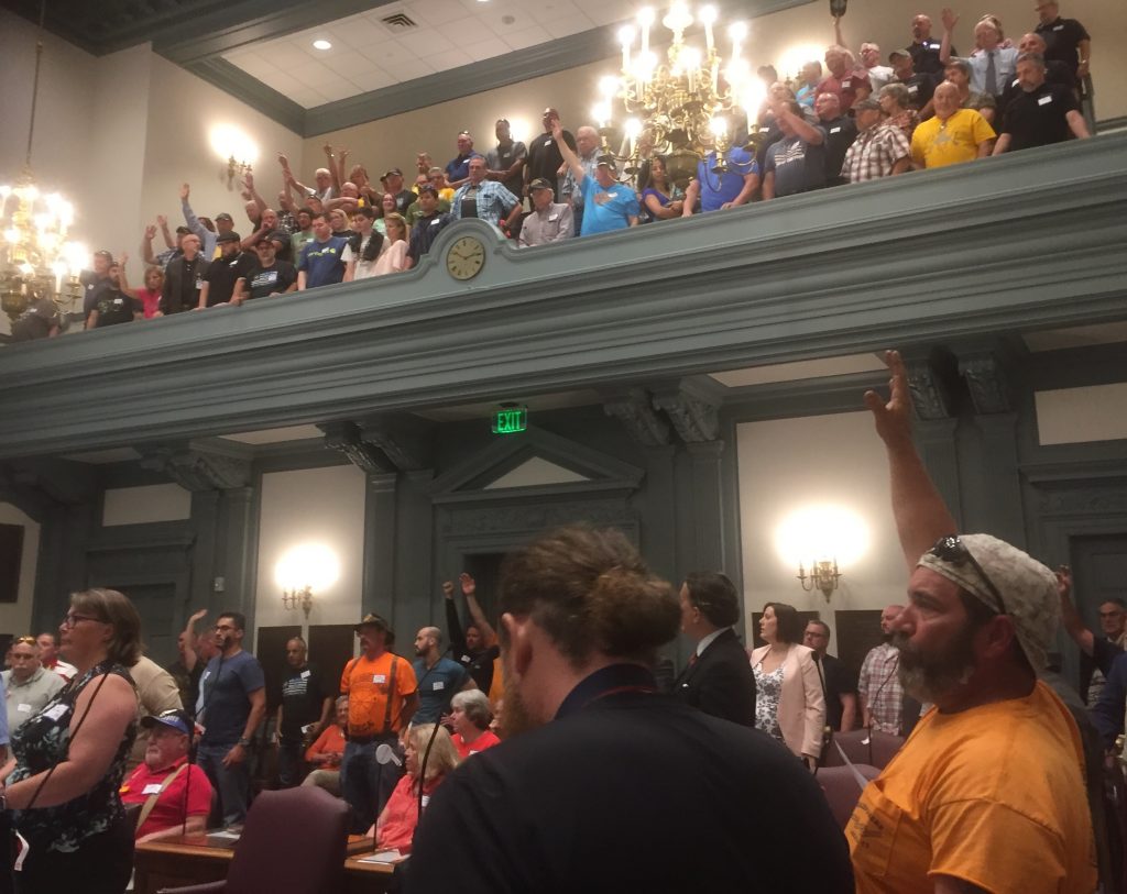 IMG_4266 Gun supporters filled the Senate chamber of Legislative Hall in Dover Wednesday to oppose a bill banning some assault weapons. (WHYY/Zoe Read)