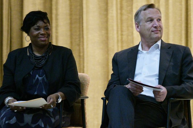 Shauneille Taylor, Principal at Edward Gideon Elementary School and Timothy Rub, CEO of Philadelphia Museum of Art. (Bastiaan Slabbers for WHYY)