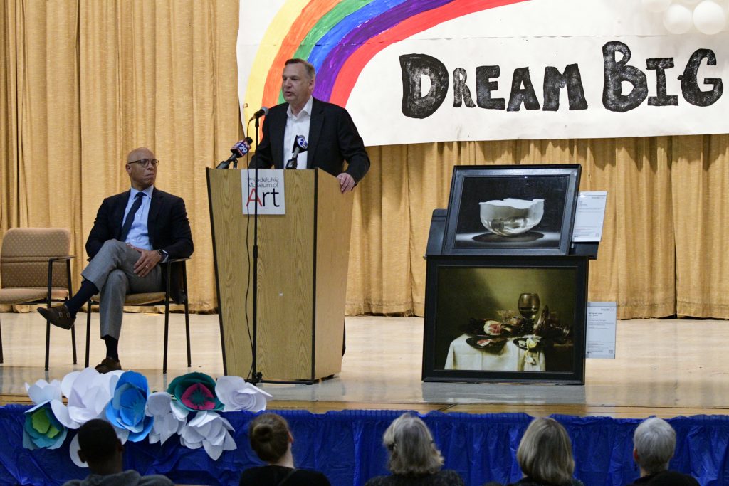 Inside Out program educates art to students Timothy Rub, CEO of Philadelphia Museum of Art speaks at the announcement of the Inside Out art program, Edward Gideon Elementary School, on Tuesday June 12, 2018. (Bastiaan Slabbers for WHYY)