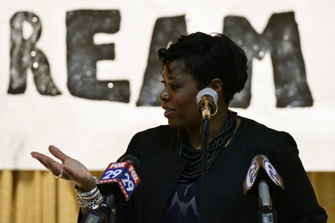 Shauneille Taylor, Principal speaks at the announcement of the Inside Out art program, Edward Gideon Elementary School, on Tuesday June 12, 2018. (Bastiaan Slabbers for WHYY)