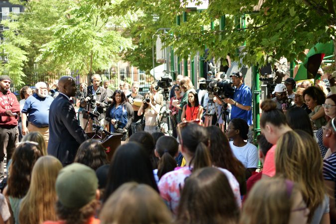 Community members and elected officials gather as the city announces the development of Bethel Burying Ground Historic Site Memorial during a ceremony at Weccacoe Playground, in South Philadelphia, on Tuesday June 12, 2018. (Bastiaan Slabbers for WHYY)