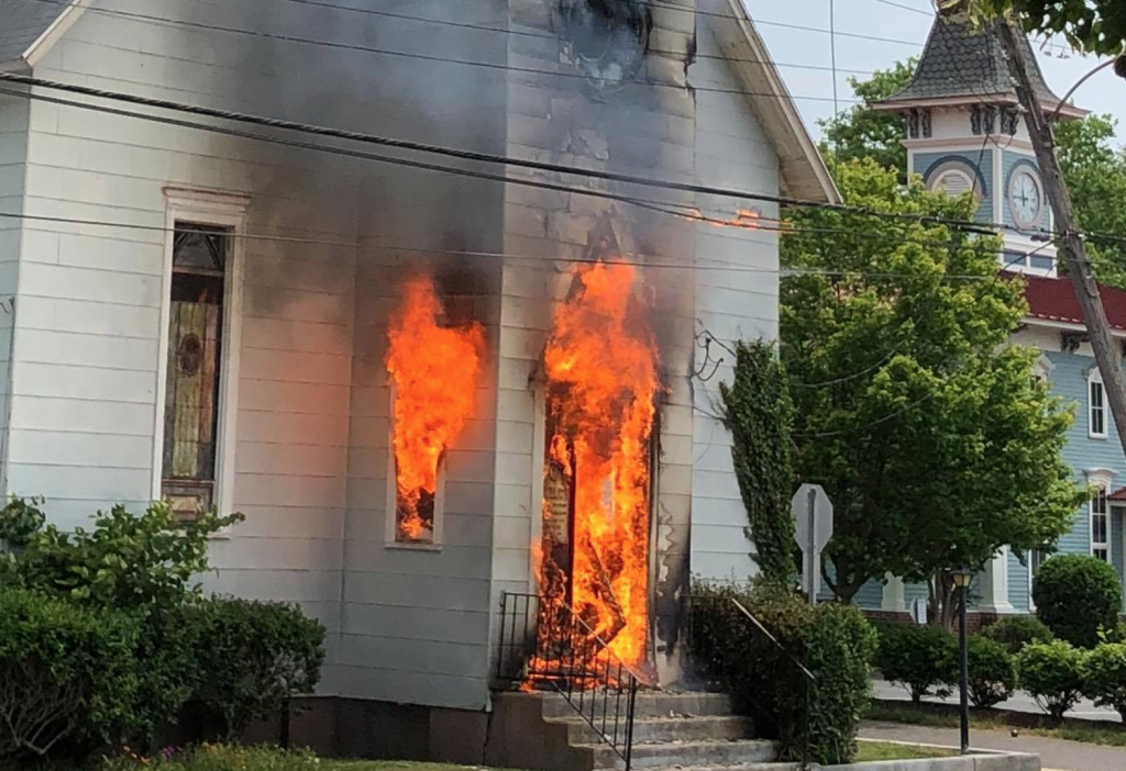 Screen Shot 2018-06-10 at 9.30.24 AM A commercial truck snagged electric utility wires that sparked a fire in the Allen African Methodist Episcopal Church in Cape May. (Courtesy of Matthew Eck, Cape May Fire Department)