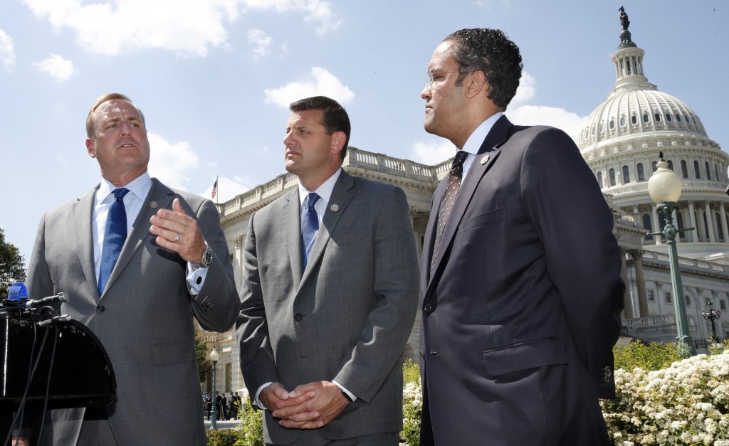 Rep. Jeff Denham, R-Calif., left, speaks next to Rep. David Valadao, R-Calif., and Rep. Will Hurd, R-Texas, during a May 9, 2018 news conference on a discharge petition to force votes on immigration legislation. Rep. Jeff Denham, R-Calif., left, speaks next to Rep. David Valadao, R-Calif., and Rep. Will Hurd, R-Texas, during a May 9, 2018 news conference on a discharge petition to force votes on immigration legislatio