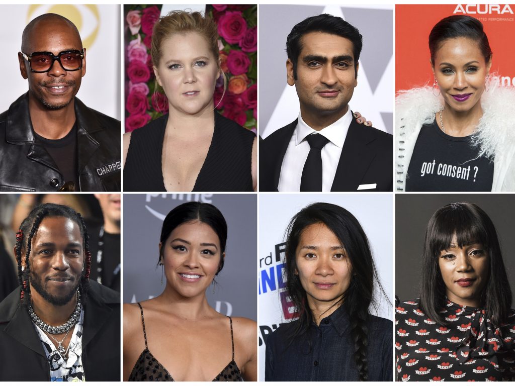 This combination photo shows, top row from left, Dave Chappelle, Amy Schumer, Kumail Nanjiani, Jada Pinkett Smith and Timothee Chalamet, and bottom row from left, Kendrick Lamar, Gina Rodriguez, Chloe Zhao, Tiffany Haddish and Sarah Silverman who are among 928 people invited to become members of the Academy of Motion Picture Arts and Sciences. This combination photo shows, top row from left, Dave Chappelle, Amy Schumer, Kumail Nanjiani, Jada Pinkett Smith and Timothee Chalamet, and bottom row from left, Kendrick Lamar, Gina Rodriguez, Chloe Zhao, Tiffany Haddish and Sarah Silverman who are among 928 people invited to become members of the Academy of Motion Picture Arts and Sciences.