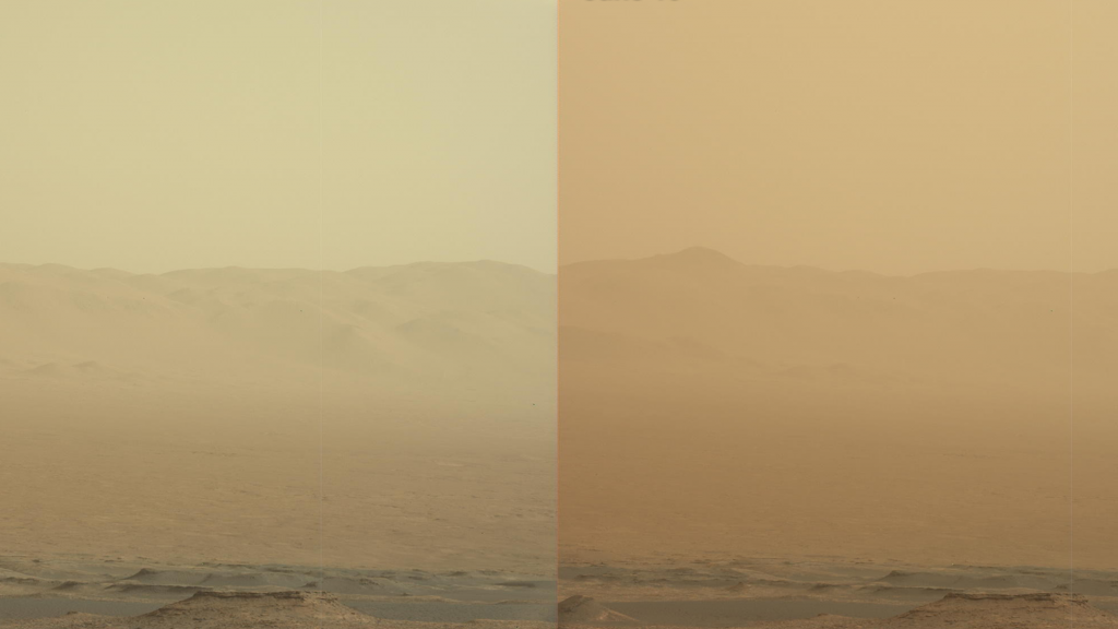 These two views from NASA’s Curiosity rover, acquired specifically to measure the amount of dust inside Gale Crater, show that dust has increased over three days from a major Martian dust storm. The left-hand image shows a view of the east-northeast rim of Gale Crater on June 7, 2018 (Sol 2074); the right-hand image shows a view of the same feature on June 10, 2018 (Sol 2077). These two views from NASA's Curiosity rover, acquired specifically to measure the amount of dust inside Gale Crater, show that dust has increased over three days from a major Martian dust storm. The left-hand image shows a view of the east-northeast rim of Gale Crater on June 7, 2018 (Sol 2074); the right-hand image shows a view of the same feature on June 10, 2018 (Sol 2077).
NASA/JPL-Caltech/MSSS