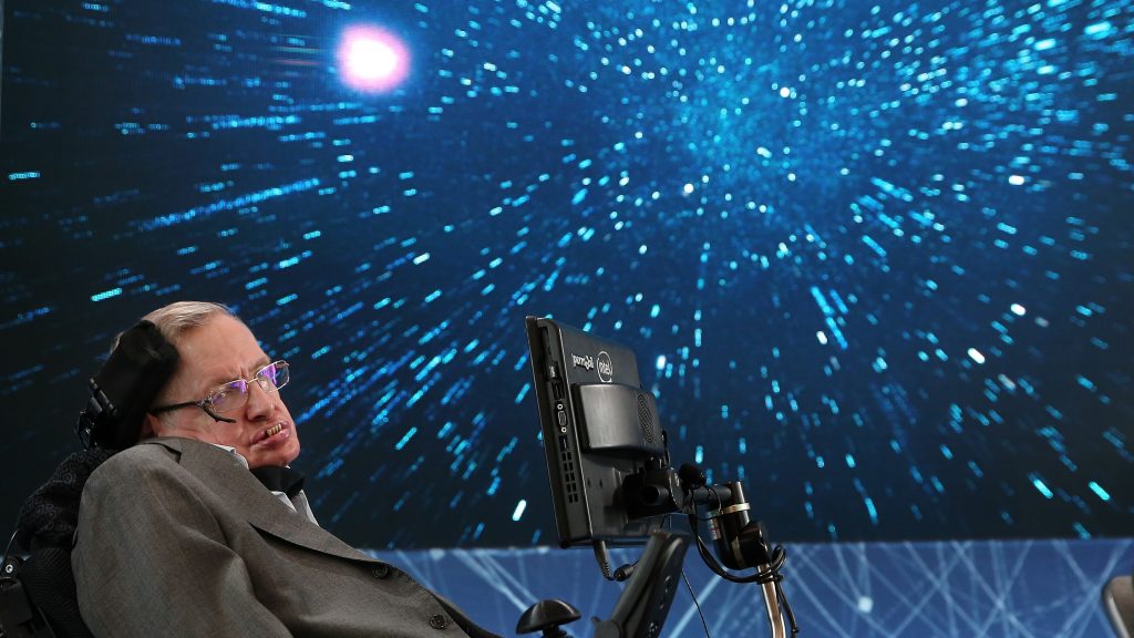 Professor Stephen Hawking sits onstage during the “Breakthrough Starshot” announcement at One World Observatory on April 12, 2016 in New York City. Professor Stephen Hawking sits onstage during the