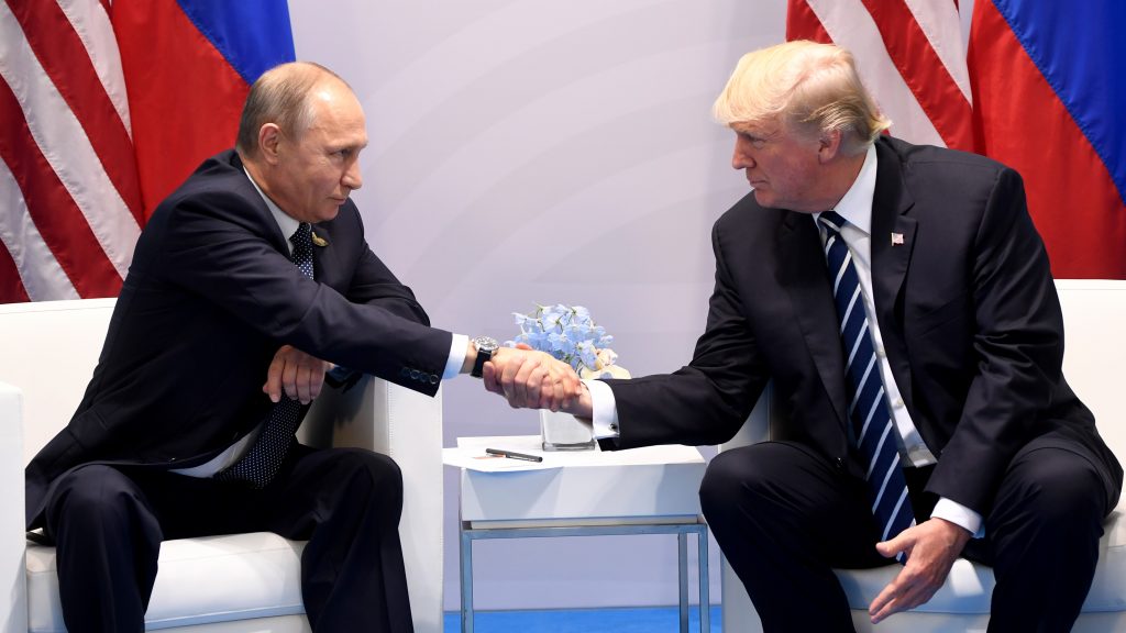 President Trump and Russian President Vladimir Putin shake hands during a meeting on the sidelines of the G20 Summit in Hamburg, Germany, on July 7, 2017. The two leaders are expected to meet again over the summer.
President Trump and Russian President Vladimir Putin shake hands during a meeting on the sidelines of the G20 Summit in Hamburg, Germany, on July 7, 2017. The two leaders are expected to meet again over the summer. (Saul Loeb/AFP/Getty Images)