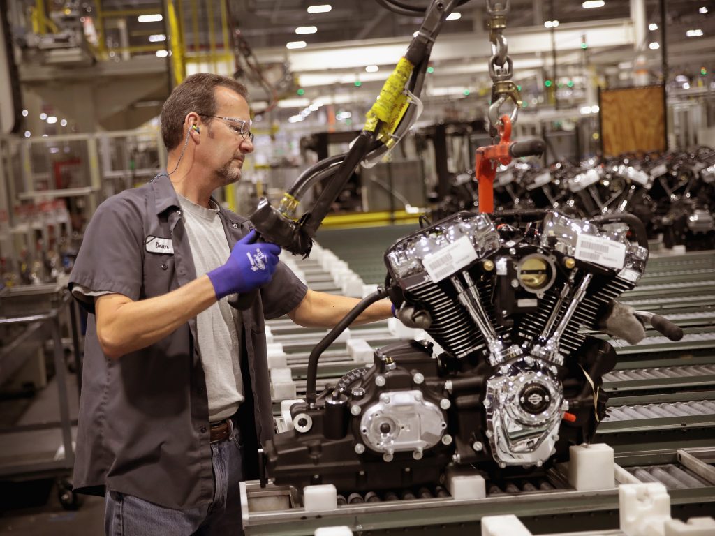 Harley-Davidson motorcycle engines are assembled at the company’s plant in Menomonee Falls, Wis. Tariffs from the European Union are prompting the company to shift production of some motorcycles for the European market overseas. Harley-Davidson motorcycle engines are assembled at the company's plant in Menomonee Falls, Wis. Tariffs from the European Union are prompting the company to shift production of some motorcycles for the European market overseas.
(Scott Olson/Getty Images)