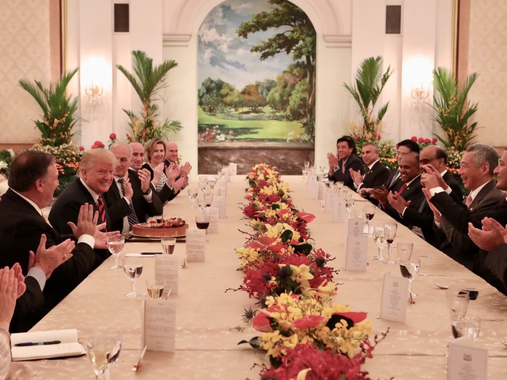 President Trump participates in a working luncheon hosted by Singapore’s Prime Minister Lee Hsien Loong in Singapore on Monday. Officials from both delegations also attended the luncheon. President Trump participates in a working luncheon hosted by Singapore's Prime Minister Lee Hsien Loong in Singapore on Monday. Officials from both delegations also attended the luncheon.
Photo by Ministry of Communications and Information, Republic of Singapore / Handout/Anadolu Agency/Getty Images