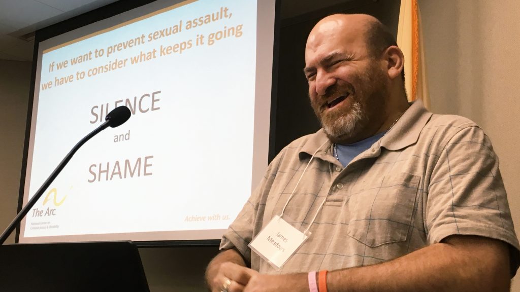 James Meadours delivers the keynote address at a summit in New Jersey to propose reforms to prevent sexual abuse of people with intellectual disabilities. Meadours, a rape survivor with an intellectual disability, travels the country to raise awareness. James Meadours delivers the keynote address at a summit in New Jersey to propose reforms to prevent sexual abuse of people with intellectual disabilities. Meadours, a rape survivor with an intellectual disability, travels the country to raise awareness. (Joseph Shapiro/NPR)