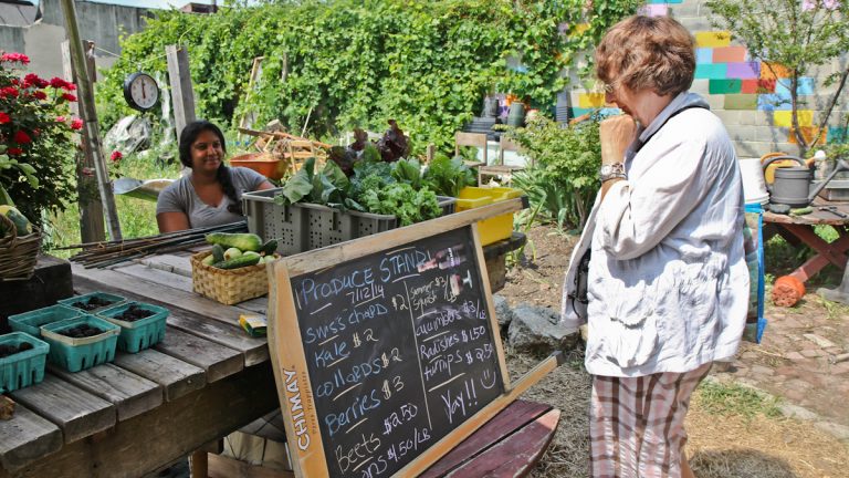 Shazana Goff (left) operates the La Finquita farm stand in July of 2014. (Kimberly Paynter/WHYY, file)