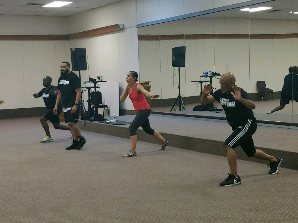 TRC Les Mills class Participants take part in a Les Mills class at the Resurrection Center Church in Wilmington. (Andrea Gibbs/WHYY)