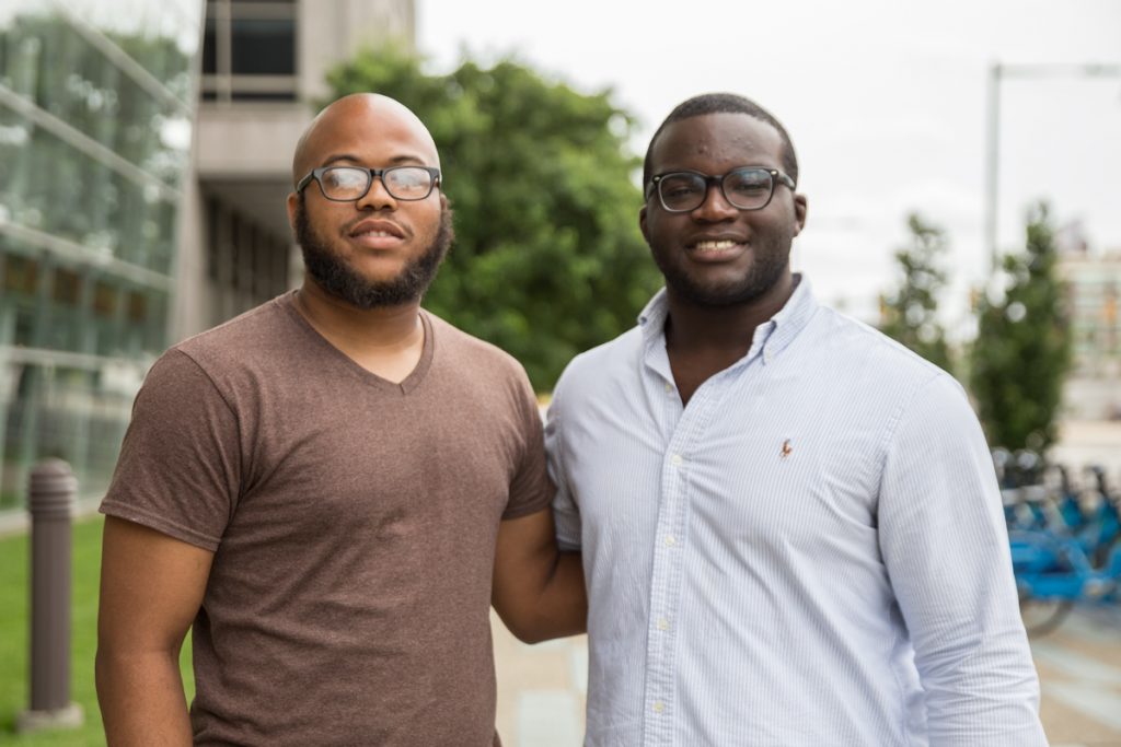 philadelphia_futures_mclaughlin_felix_06222018_02 Farrad McLaughlin, (left), and Chris Felix, (right), are scholars from Philadelphia Futures, a program that helps first generation college students graduate. McLaughlin just earned his Master’s Degree from Cabrini University and Felix just graduated cum laude from Lafayette College. (Lindsay Lazarski/WHYY)