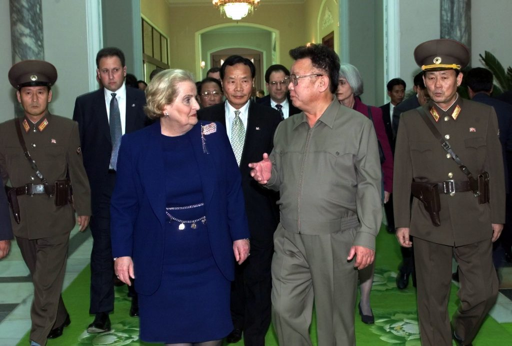 North Korean leader Kim Jong Il and Secretary of State Madeleine Albright met in Pyongyang on Oct. 23, 2000. Tong Kim (between Albright and Kim) served as the State Department interpreter. North Korean leader Kim Jong Il and Secretary of State Madeleine Albright met in Pyongyang on Oct. 23, 2000. Tong Kim (between Albright and Kim) served as the State Department interpreter.