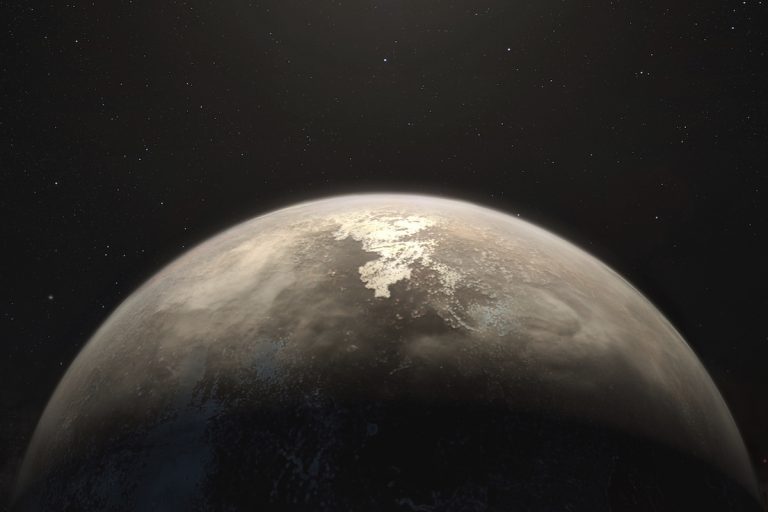 This artist’s impression shows the temperate planet Ross 128 b, with its red dwarf parent star in the background. This planet, which lies only 11 light-years from Earth, was found by a team using ESO’s unique planet-hunting HARPS instrument. The new world is now the second-closest temperate planet to be detected after Proxima b. It is also the closest planet to be discovered orbiting an inactive red dwarf star, which may increase the likelihood that this planet could potentially sustain life. Ross 128 b will be a prime target for ESO’s Extremely Large Telescope, which will be able to search for biomarkers in the planet's atmosphere.