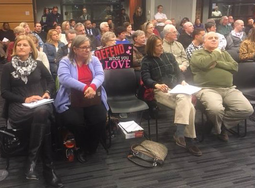 west_whiteland_public_hearing_1 In March, residents of Chester County’s West Whiteland Township pressed pipeline regulators for answers on Sunoco’s Mariner East construction after it produced sink holes behind some local homes. (Jon Hurdle/StateImpact Pennsylvania)