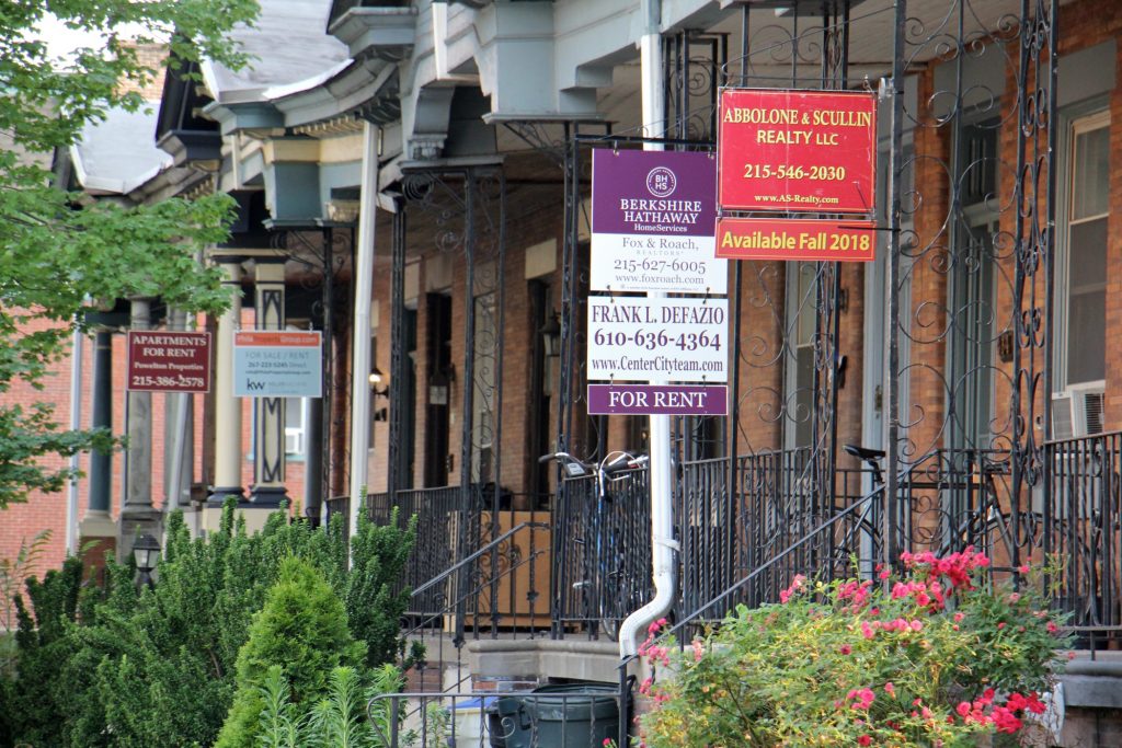 2018 06 18-philadelphia powelton-drexel gentrification Rowhouses at 34th and Spring Garden streets for sale or rent