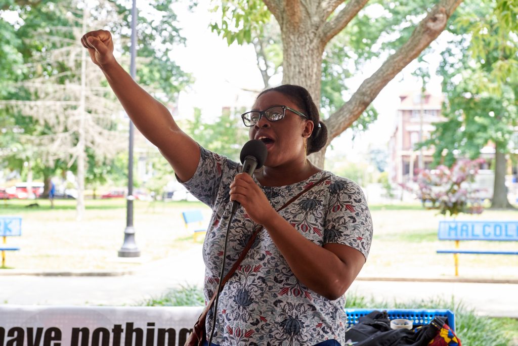 2018 07 01-n piserchio-megan malachi-malcolm x park-solidarity for antwon rose rally Megan Malachi of Philly REAL Justice speaks during the Antwon Rose Rally in Philadelphia on Sunday July 1, 2018. She says,