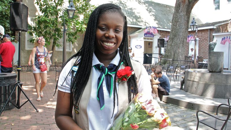 Girl Scout Kayla Davis, a senior at Central High School, earned a Gold Award for her work promoting religious equality. She spoke at the annual Children's Citizenship Ceremony at the Betsy Ross House. (Emma Lee/WHYY)
