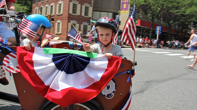 Decorated bicycles join the Philadelphia Independence Day parade on Market Street. (Emma Lee/WHYY)