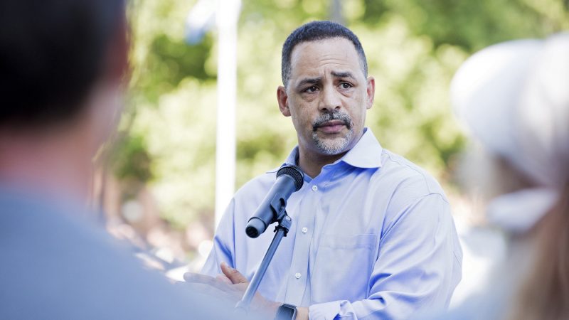 Pennsylvania state Rep. Chris Rabb speaks at a rally in July 2018 (Rachel Wisniewski for WHYY)