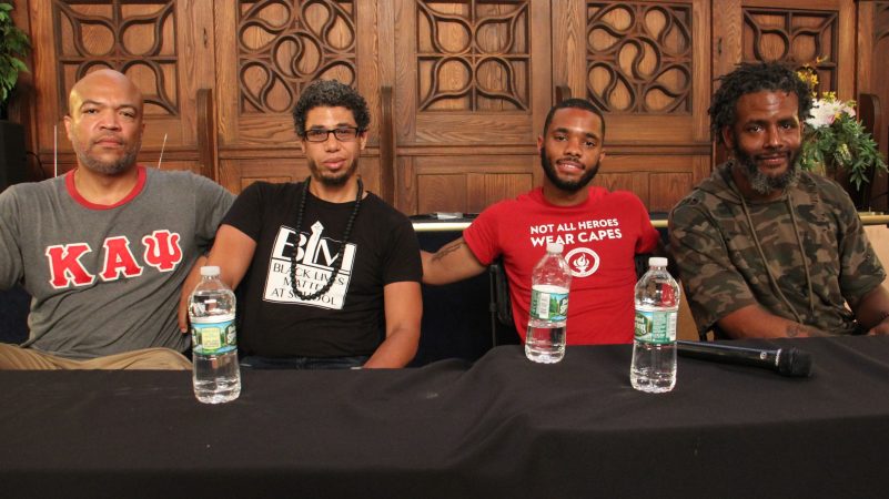 Four Philadelphia educators (from left) Will Mega, Ismael Jimenez, Quamiir Trice, and Ben Slater, share their experiences with racial profiling during a workshop at People's Education Center in Germantown. (Emma Lee/WHYY)
